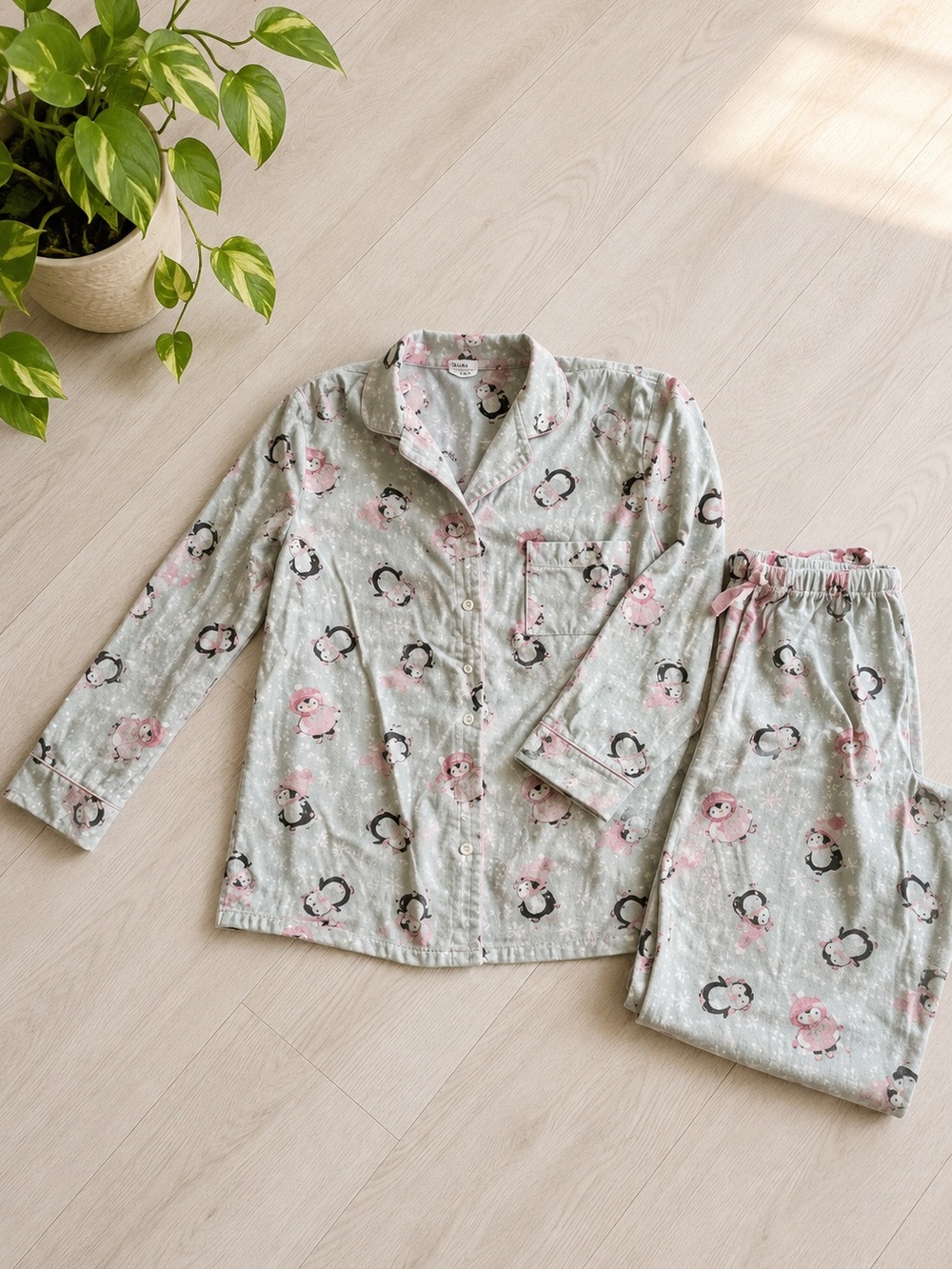 La Vie En Rose Pink Penguin Flannel Pajama Set Sz L‎ Cotton Button Down Cozycore